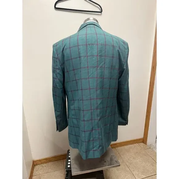 Statement Italy Confidence Blazer Mens 42L Green Windowpane Plaid Wool Two Btn